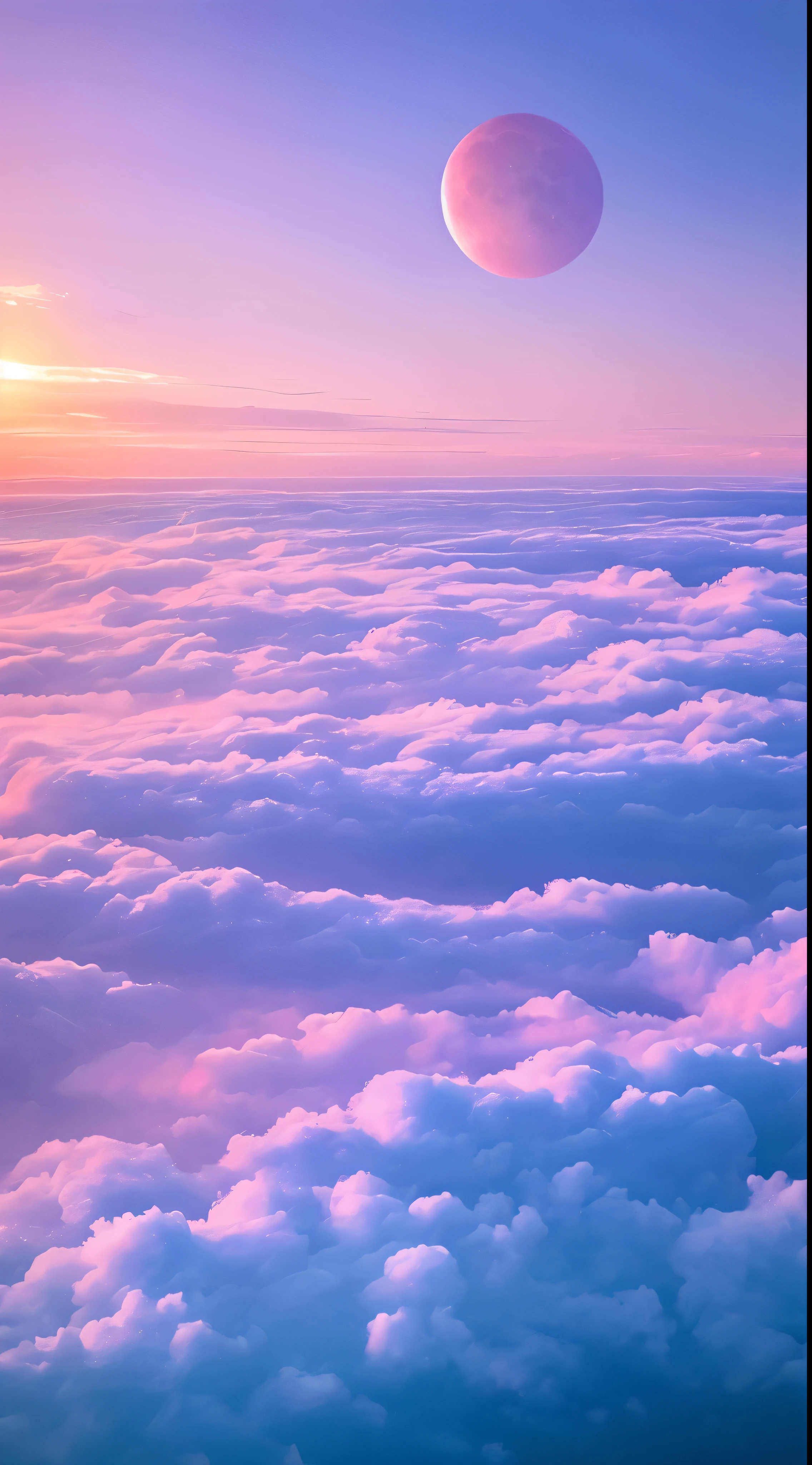 ハートの雲、Pink moon, pink sky, soft pink clouds, pink ocean waves sparkling, sparkling, pink roses on pink ocean, fantasy, diamond, crown, universe, soft lights,Heart Cloud Realistic、Real、high resolution、Panorama、Wide angle