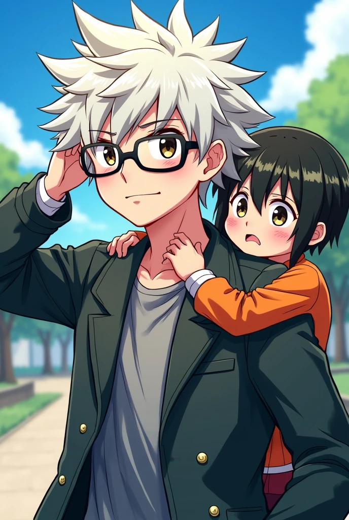 Aki is my made up original character in the world of My Hero Academia, aki has messy platinum white colored hair like a mullet wolfcut, eyes similar to bakugos but more happy and not sinister looking, wears glasses, has brows like bakugo too when bakugo isn’t made, is a twink, dark brown colored eyes, really light brown skin since he is from the philippines, and wears stylish clothes. Aki has a little smirk on his face and is blushing a bit too. His background is the U.A campus, and beside him is Denki Kaminari from my hero academia since they are bestfriends, and denki kaminari is playing with akis hair. Do this in MHA art style