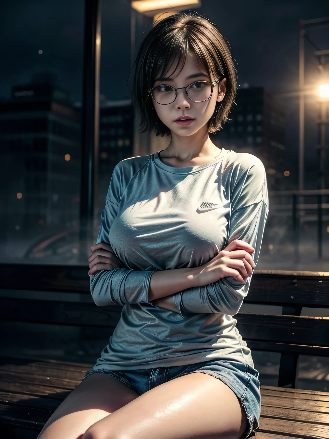Photorealistic, (close up:1.3, exposed face), wide angle, (seen from below), a balinese young woman wearing wet (long sleeve (nike t-shirt:1.2), oversized t-shirt, hotpants), a hyperrealistic beautiful young girls with grayish blue eyes in glasses, natural sagging breast, high detailed official artwork, beautiful girls with slim fit body and busty posture, long legs, attractive young woman, (atractive sitting poses:1.3, crossed arm hold the breast up), at bench in the (foggy big city:1.2), night view background, rainny day, dubnitskiy david fanart, realistic portrait, smooth photorealistic, perfect visual of a cute girls, cute girls with skinice soft face, face focus, makoto shinkai and artgerm, photon mapping, natural light, warm color tones, vivid colors, cool ambient, foggy atmosphere, short hair