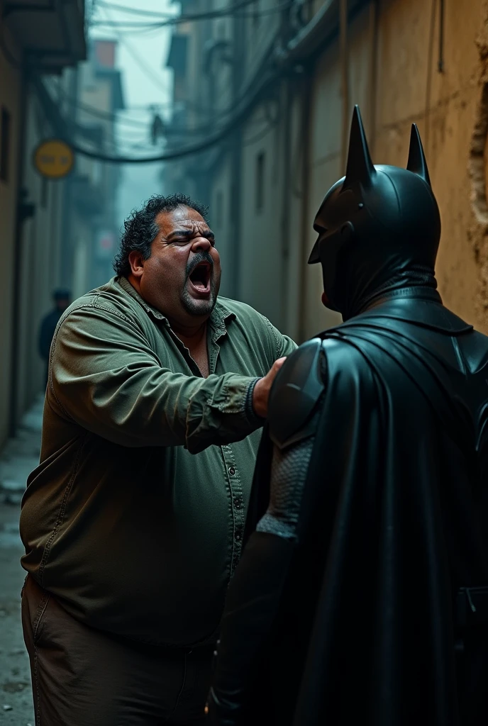 Batman arresting an overweight, unattractive man with Indigenous Latin American features. The man is begging Batman not to deport him to his country, his face filled with desperation