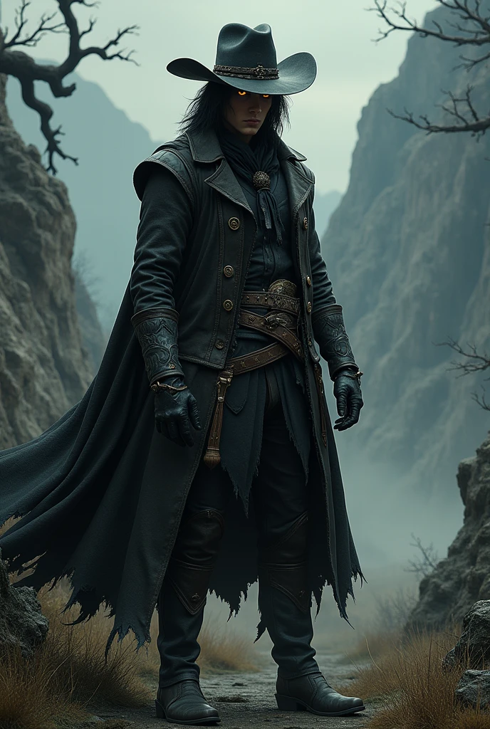 Create a Character with Cowboy Clothes, black hair and golden eyes medieval dark fantasy RPG