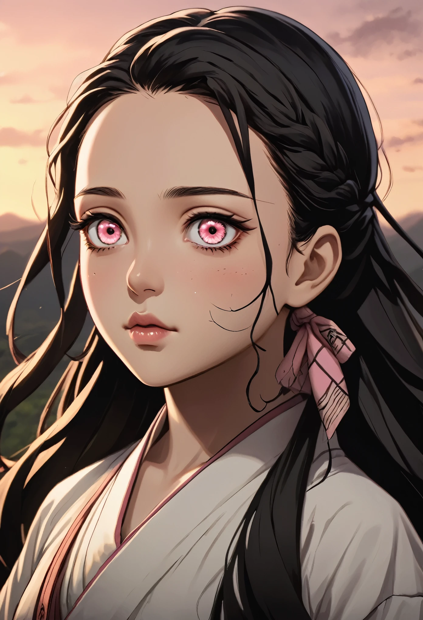 1 girl standing together black hair,, anime style, , 8k, super detail, high details, accurate, masterpiece, UHD, best quality, award winning, 4K looking at viewer emotionless expressionless mindless cowboy shot side view bandana on forehead looking at viewer, Nezuko from demon slayer. a young woman with long dark hair, (pink eyes), beautiful detailed eyes, beautiful detailed lips, extremely detailed face, longeyelashes, 
