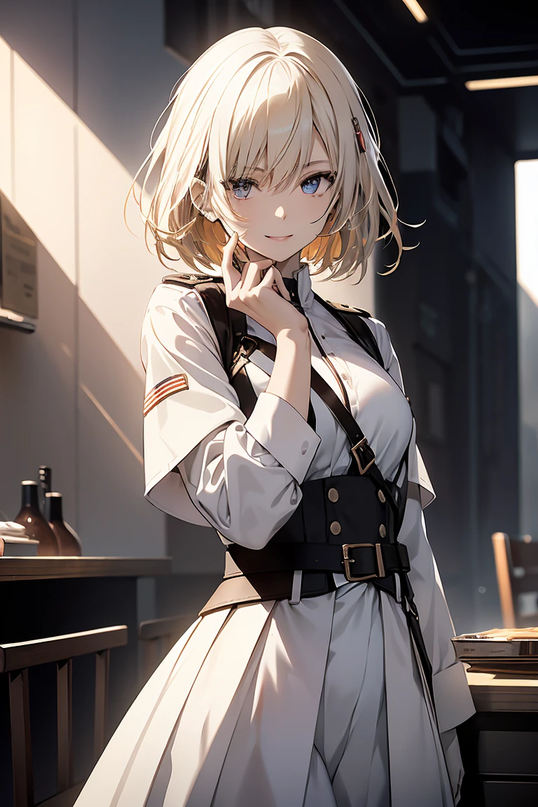 (Super sexy pose:1.2), One Girl, whole body, White one-piece military uniform, (Tabletop:1.2, Highest quality), (Beautiful, detailed eyes: 1.2), (Beautifully detailed face), High Contrast, (Best lighting, Very delicate and beautiful), ((Cinematic Light)), Dramatic Light, Deep orange eyes, small, Below the belt , White military uniform, White Skirt,Blonde, Black tie, (Pale white background:1.5), Wolf Cut Hair, Look at me and smile,