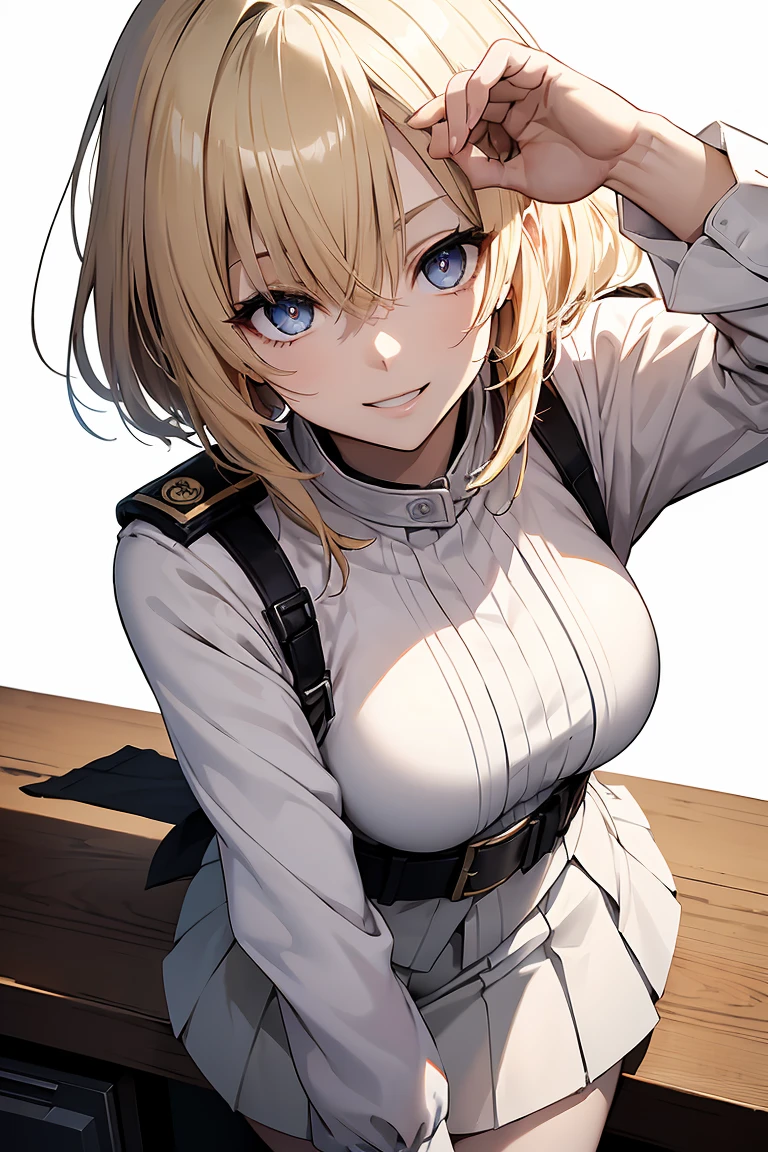 (Super sexy pose:1.2), One Girl, whole body, White one-piece military uniform, (Tabletop:1.2, Highest quality), (Beautiful, detailed eyes: 1.2), (Beautifully detailed face), High Contrast, (Best lighting, Very delicate and beautiful), ((Cinematic Light)), Dramatic Light, Deep orange eyes, small, Below the belt , White military uniform, White Skirt,Blonde, Black tie,  (Pale white background:1.5), Wolf Cut Hair, Look at me and smile,