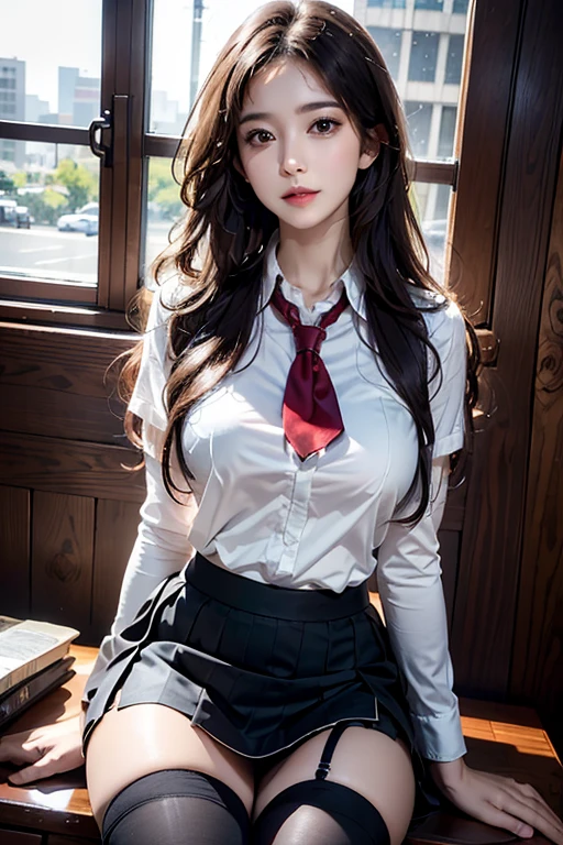 Realistic, High resolution, 1 Female, Mature Woman, alone, Hip Up, View the viewer, (Detailed face), Wavy Hair, Long Hair, school uniform, mini skirt、Ample breasts、(Over the knee socks)