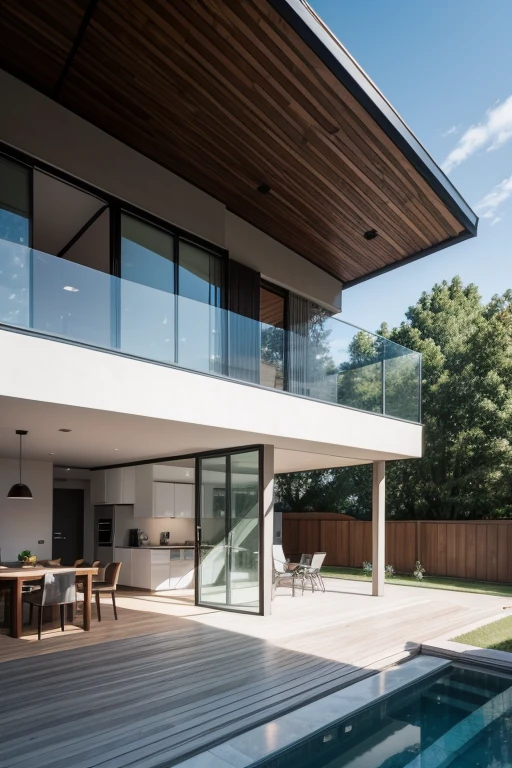 modern single-story residential house of 150m² with ceiling, good cost benefit. rendered image, realisitic. show: gourmet area. General image of the house with many details.