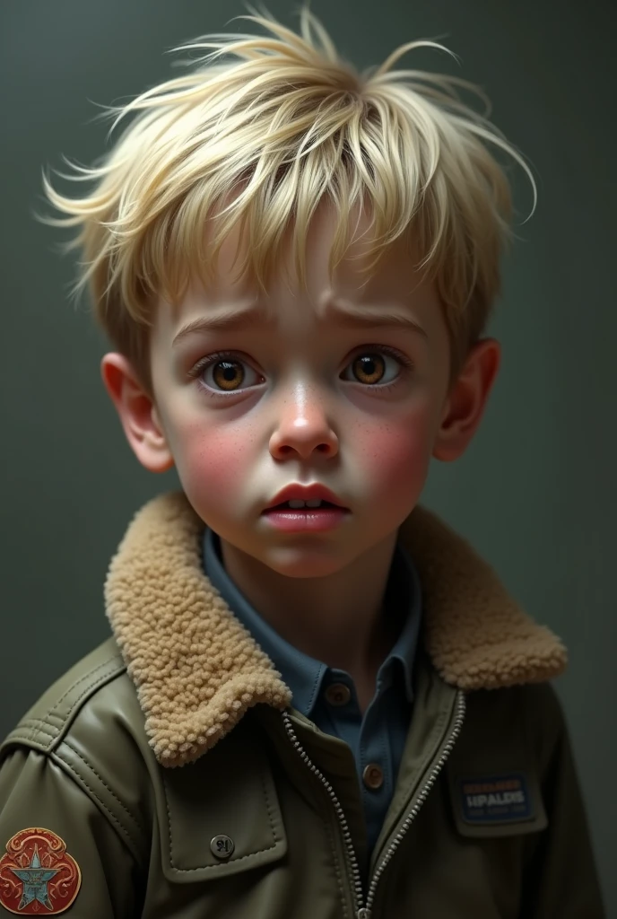 A realistic male boy child wearing a flight jacket and looking me in the eyes. Is hat blonde wuschelige Harre. brown eyes. Fearful facial expression.