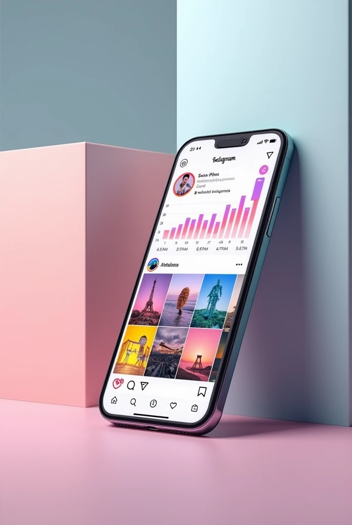 create photo of an iPhone 11 PRO cell phone, showing an aesthetically perfect Instagram feed, with a lot of engagement and followers.This cell phone must have a social media profile growth chart next to it.