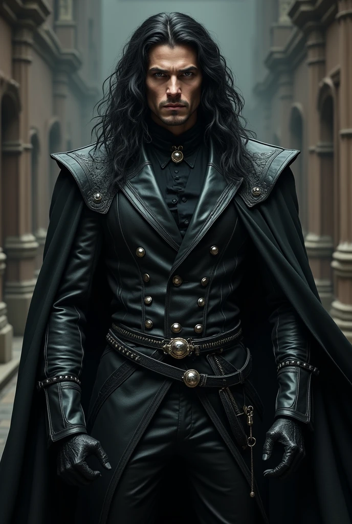 That certainly helps! So your character is a Sorcerer of dark Magic, who lives in a Victorian style world and is 30 years of age. He's a tall, athletic person and has pale grey eyes and long black wavy hair. He also wears a leather suit of some kind. He's extremely hot and eye-catching