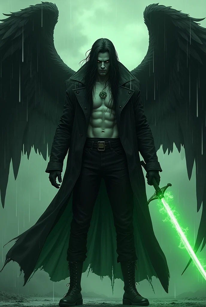 masterpiece, best quality, ultra high res, beatiful, stunning, elegant, incredible details, detailed, aura, flying debris, flying feathers, (bright green theme:1.1), perfect drawn face, cinematic lighting, ultra-high quality, 8k, full body, man, long flowing black hair, handsome and delicate face, rainy sky, snow white skin, Black overcoat, no shirt, abs, green details, black pants, looking at viewer, posing, holding sword, dnd, cifer ulquiorra, armed with a glowing green katana, Black gloves, black high boots, (big angelical black wings:1.2), black horned crown, Simple background, solo, grin, evil looking, big scar on chest, dark souls style, aura, menacing, anime