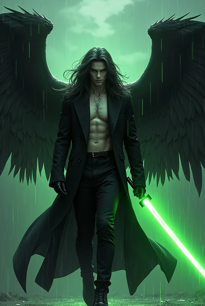 masterpiece, best quality, ultra high res, beatiful, stunning, elegant, incredible details, detailed, aura, flying debris, flying feathers, (bright green theme:1.1), perfect drawn face, cinematic lighting, ultra-high quality, 8k, full body, man, long flowing black hair, handsome and delicate face, rainy sky, snow white skin, Black overcoat, no shirt, abs, green details, black pants, looking at viewer, posing, holding sword, dnd, cifer ulquiorra, armed with a glowing green katana, Black gloves, black high boots, (big angelical black wings:1.2), black horned crown, Simple background, solo, grin, evil looking, big scar on chest, dark souls style, aura, menacing, anime