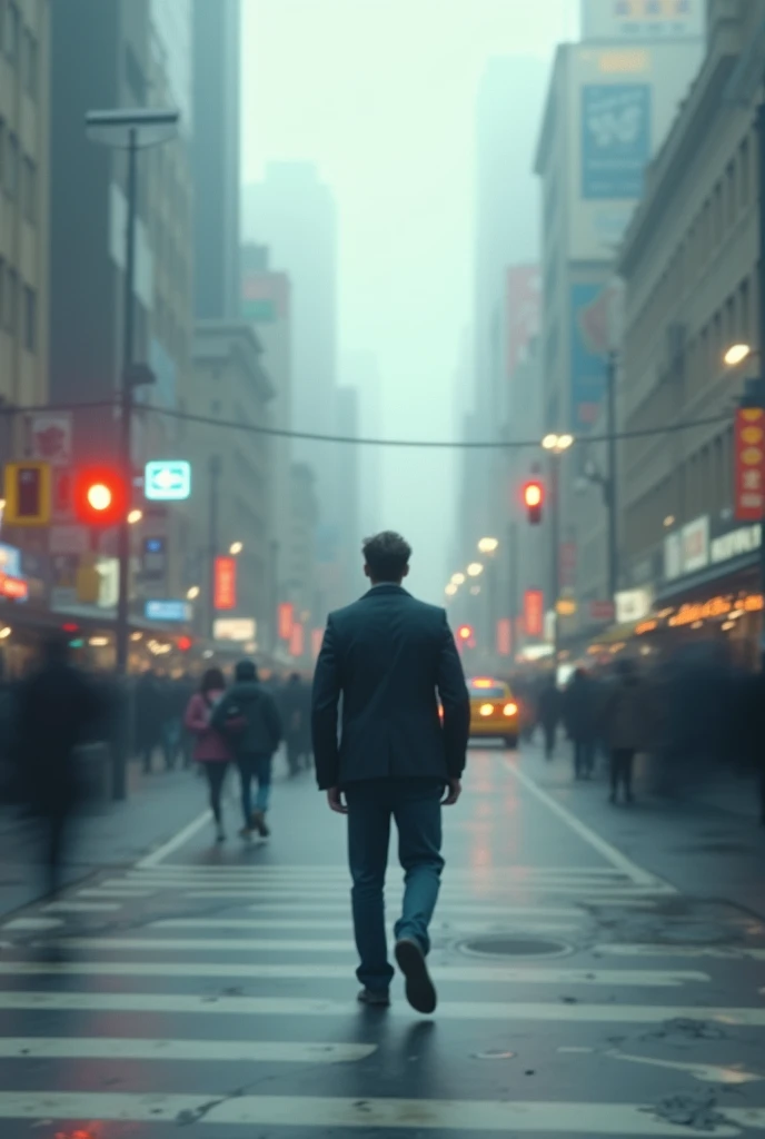 A medium shot of John standing on a busy street corner, frozen in time. Around him, people are mid-step and cars are caught mid-motion, but John is a blur, highlighting his extraordinary speed. His figure is barely visible, a faint outline in the middle of a chaotic yet still scene.