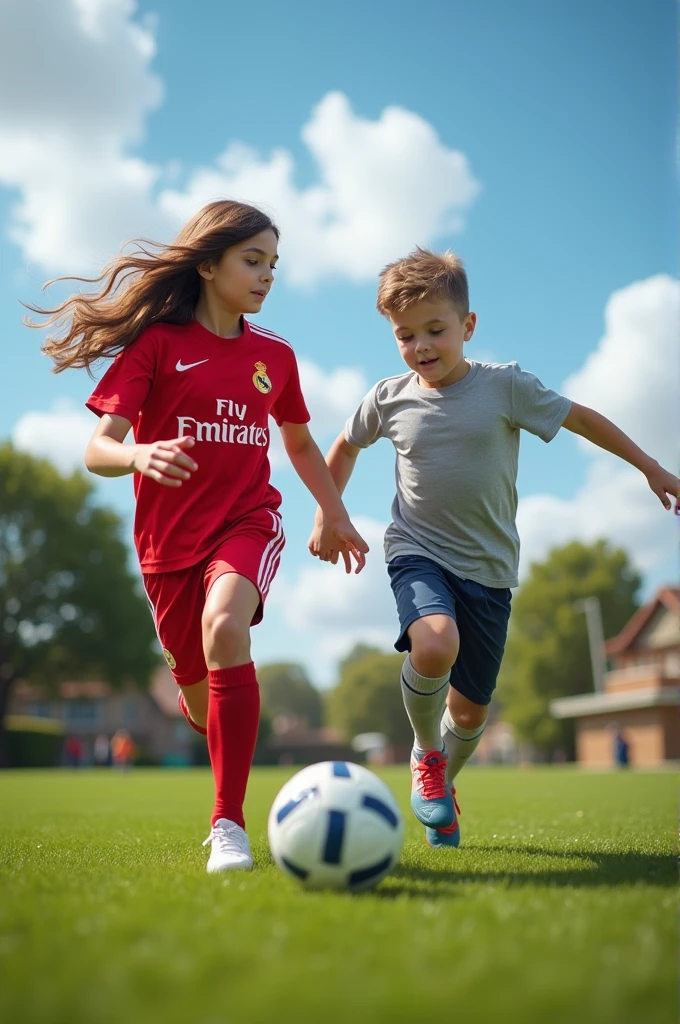 Photorealistic photo of a brunette lady playing football with her little brother, wearing a Rwal madrid jersey