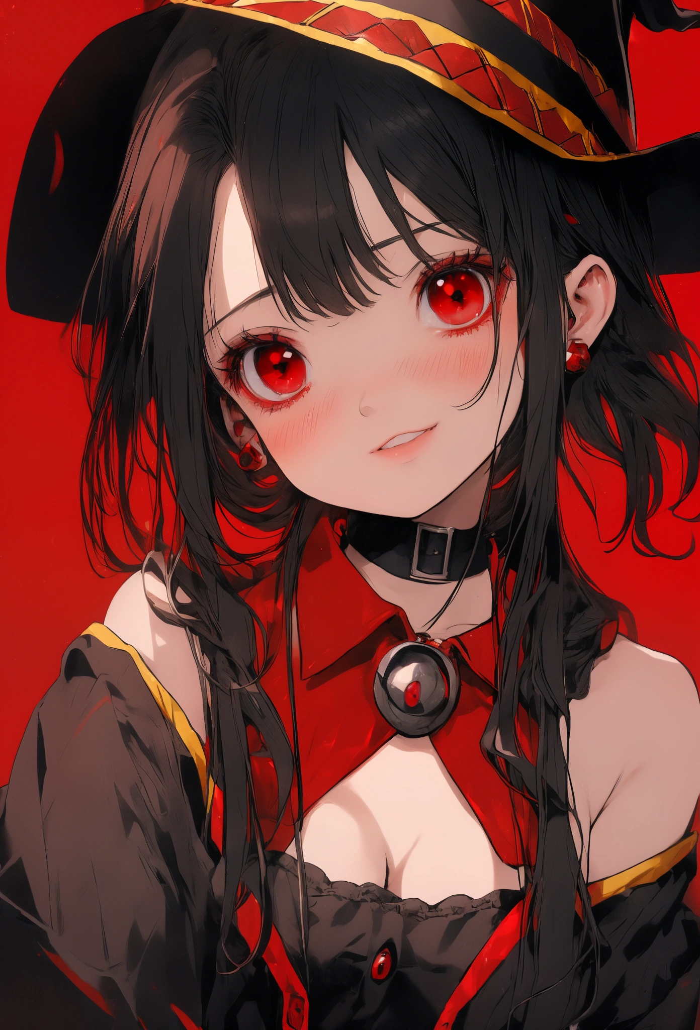 portrait, Megumin, short hair, black hair, (red eyes:1.3), short hair with long locks, winking, happy, nose blush, cleavage, busty, choker, witch hat, megumin outfit, 
