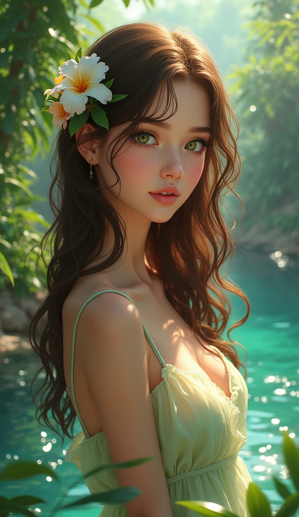 Beautiful girl in paradise,、Her hair color is brown.、 Eyes are emerald green