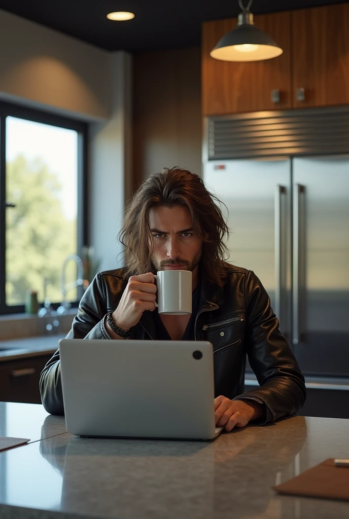 young rocker man drinking coffee in a big modern open kitchen while using his laptop, leather jacket, long hair, EpicPhotogasm, hd, realistic, detailed, photograph