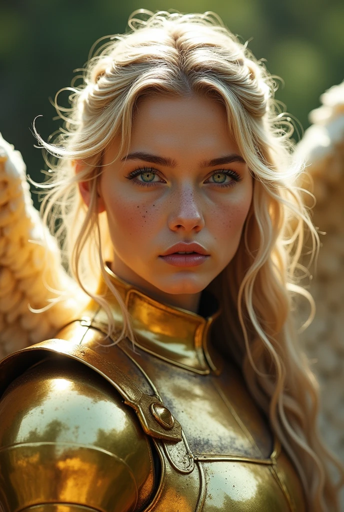 angel, armor gold (masterpiece, best quality, high resolution:1.4), 1girl, angel, skin pores texture, Hair blonde, HD , Photography, movie, cinematic, full Body, Realistic, (8k, RAW photo, best quality, masterpiece:1.2), (realistic, photo-realistic:1.33), best quality, detailed eyes blue, cute,natural lighting, depth of field, film grain, wrinkled skin, sharp, detailed and realistic portrait of a woman ,(freckles:0.5) , outside, wearing a white t shirt, staring at camera, chapped lips, soft natu
