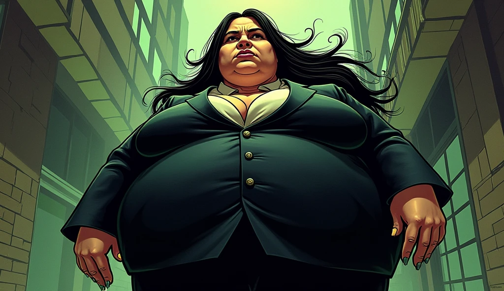 beautiful long haired morbidly obese female mob boss, her outfit is a black mobster suit, she farts and an olive green stench comes out of her buttcheeks, comic artstyle
