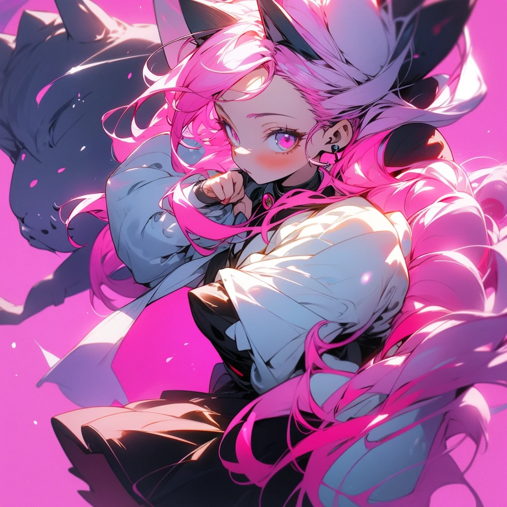 anime girl with pink hair and cat ears wearing a white dress, anime girl with cat ears, anime catgirl, anime cat girl in a maid costume, cute anime catgirl, pink twintail hair and cyan eyes, anime styled 3d, very beautiful anime cat girl, holo is a wolf girl, cat girl, attractive cat girl, anime stylized, pink background, looking side