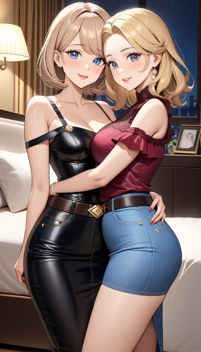 ((Two beautiful ladies)), ((lady 1: 45y old mom, with short straight blonde hair with blue eyes and caucasian skin, wearing ((Tight Dark Blue Denim Skirt)), ((Leather Belt)), ((Sexy Off Shoulder Short Sleeves Crimson Blouse)), ((lady 2: 18y old daughter, with short straight blonde hair with blue eyes and caucasian skin, wearing ((Tight Light Blue Denim Skirt)), ((Leather Belt)), ((Sexy One Strap Sleeveless Burgundy Blouse)), ((lady 1: 45y old mom wearing luxurious jewelry, 18k gold wedding ring on left hand)), standing in their bedroom at night, mother hugging and kissing her daughter from behind, (light brown lipstick), (elegant mascara), (slim body), (small breasts), (wide hips), endjourney, <lora:GoodHands-, <lora:GoodLegs-, UHD, high resolution, (expressive eyes, perfect face, full body, expressive face, perfect body, perfect pussy, athletic, fit, slim body, blushing, Perfect makeup, eyeliner, beautiful eyelashes, smiling, horny face), ((best illumination, best shadows)), ((sexy pose)), score_9_up, score_8_up, score_7_up