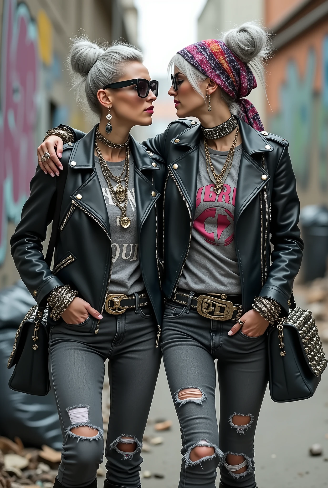 Two russian milf women, one with the arm over the shoulder of the other (who feels a bit dizzy). grey hair (one: bouffant, top bun. The other, straight and middle part}and one wearing oversized square sunglasses and wide colourful bandana as headband), with very light green eyes, extremely pale. Big lips. No tan. Wearing aged black moto jacket (zippers on the side, skull and bones pins). Both: different old worn grey t-shirt with rock band logo. Both,, dark skinny low rise grey jeans with holes on knees ( patched with colourful fabric). Both:, dark grey worn jeans {with holes on knees) tucked in black leather knee high boots. . Lots of thick wide studded bracelets, chain collars and big rings. Both, high boots. Tacky wide studded leather belt with big skull and bones oval buckle. Long earrings with chains and feathers. Walking with hands in pockets, stretching her neck, craving., Neck, chest, stomach and wrists heavily tattoed. Toned abdominals, thin neck, slim legs and thin arms. Narrow hips and slim legs. Black leather studded tote bags. Graffitied wall behind, waste on the groun and piled garbage bags around.