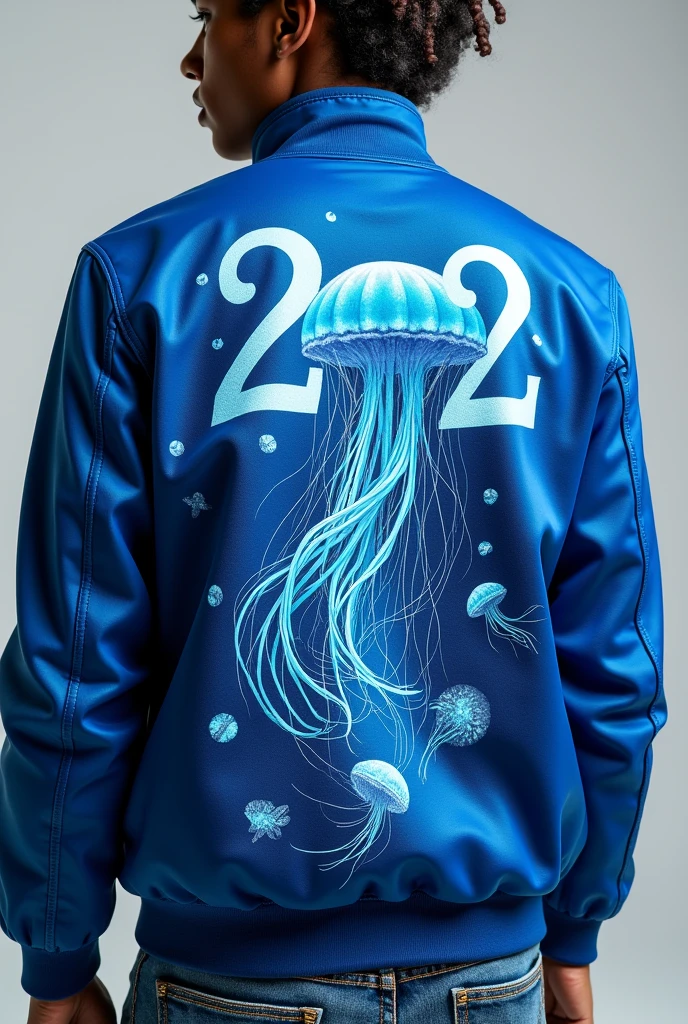 Create an image of a jacket with the number 202 and a jellyfish on it, The jellyfish should be royal blue and light blue in color