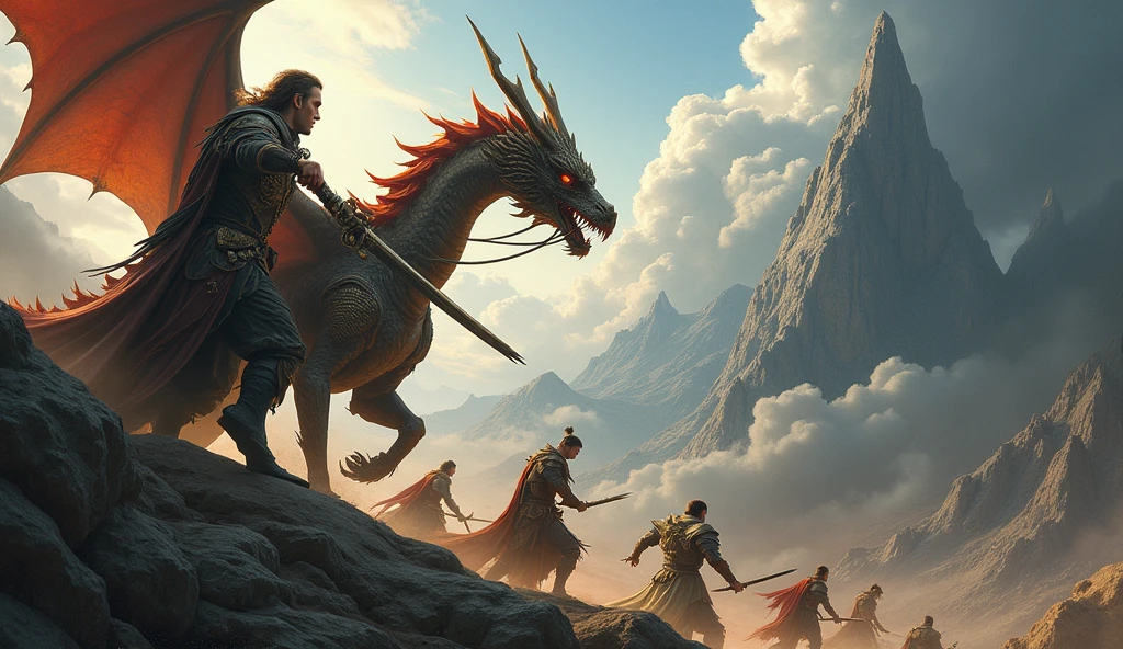 fierce dragon hunters, daring warrior gods, glorious battle cries, victorious dragon slayers, dramatic fantasy landscape, dramatic lighting, intricate armour, powerful weapons, intense expression, dynamic pose, epic scale, cinematic composition, vibrant colours, chiaroscuro lighting, digital painting, highly detailed, masterpiece, photorealistic