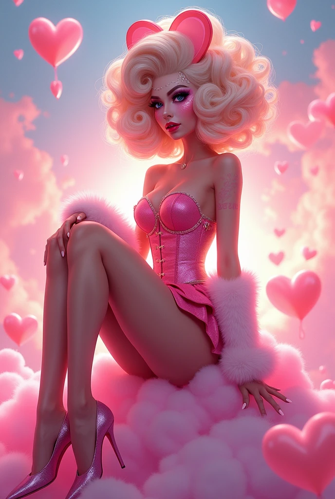 "A tall, slim drag performer with a love-themed makeup look, styled with heart-shaped hair. They are wearing a corset with a short, layered skirt adorned with fur on the sleeves. The outfit is pink and has a sexy, playful vibe. The background is pink with floating hearts, and the character is sitting on a cloud."