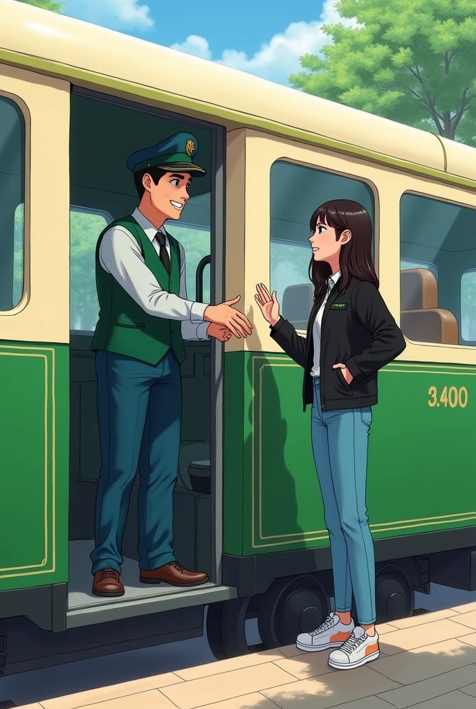 An image where a green and white train appears and inside there is a driver with a green vest and a light blue shirt. (greeting) y afuera esté una chica con cabello oscuro y largo greeting al conductor con jean celeste, White shoes, and black jacket, like a cartoon