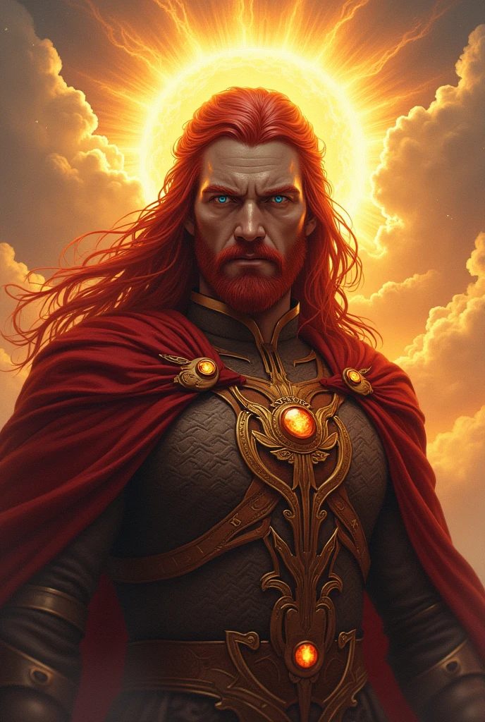 God of the sun. With red hair and blue eyes, realistic image.