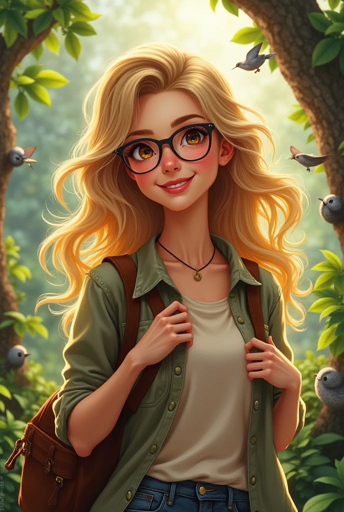 A female person with dark blonde hair , brown eyes and wears glasses . Has a sunny personality . Loves animals , grind , Books , nature and travel 