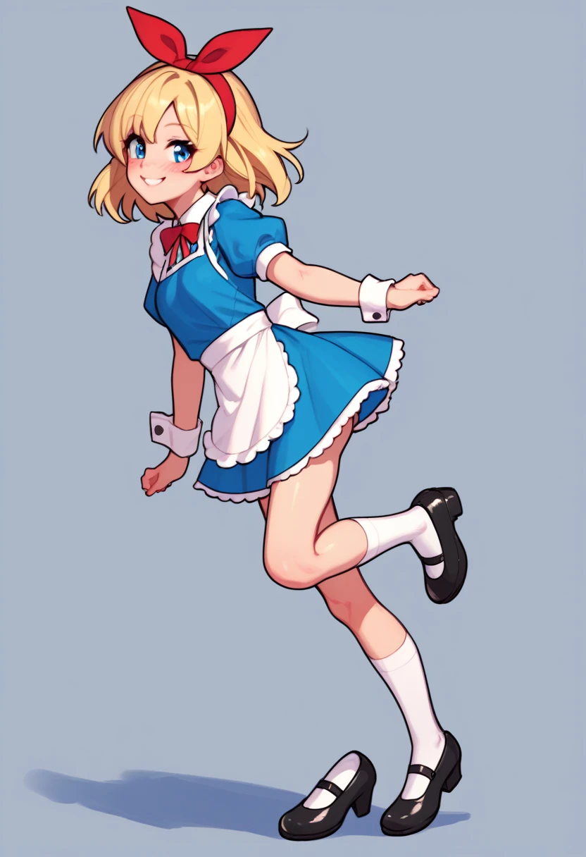 score_5_up,score_6_up,score_7_up,
1girl, solo, standing_on_one_leg, wearing (blue dress, white apron, red hairband, white socks, striped socks, black mary janes), short puffy sleeves, detached cuffs, long blonde hair, blue eyes, blush, smiling, simple background