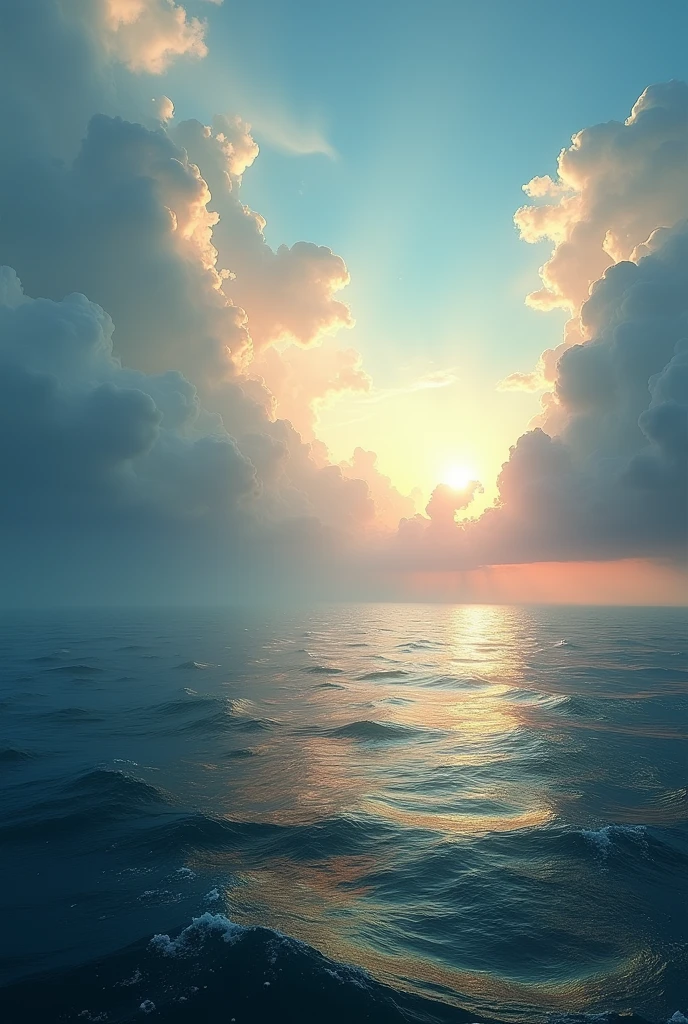 Ocean scenary with cloudy sky with sun light coming thought the clouds