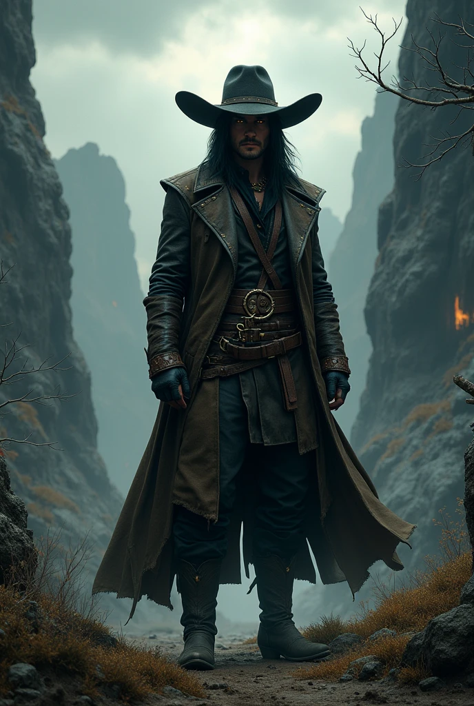 Create a Character with Cowboy Clothes, black hair and golden eyes medieval dark fantasy RPG