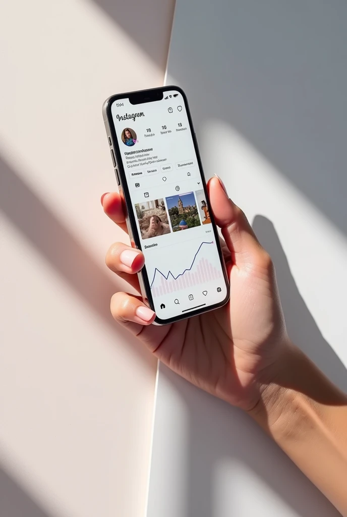 create photo of a hand holding an iPhone 11 PRO cell phone, showing an aesthetically perfect Instagram feed, with a lot of engagement and followers.This cell phone must have a social media profile growth chart next to it.
