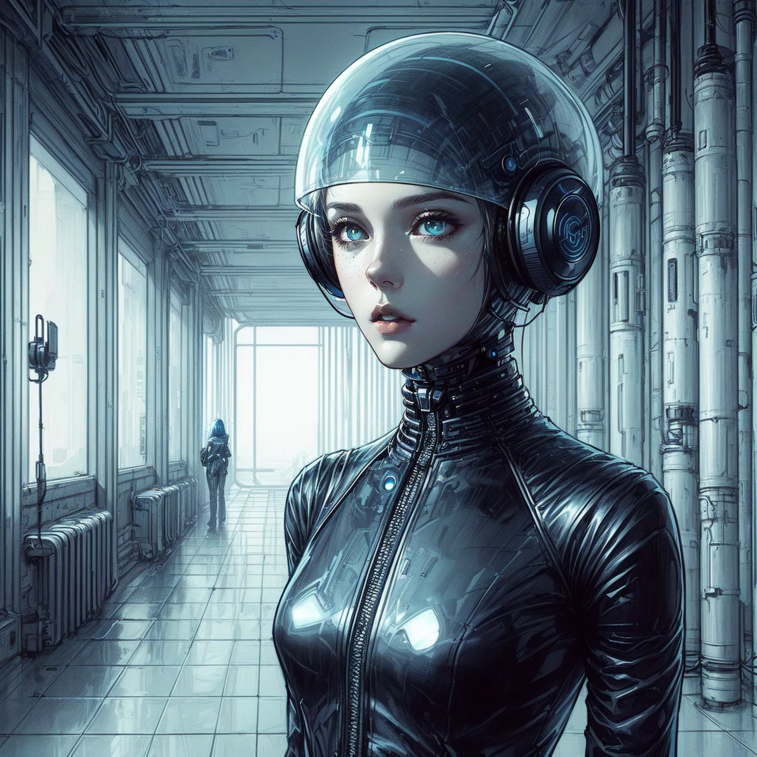 there is a woman in a futuristic suit with headphones on, retrofuturistic female android, portrait beautiful sci - fi girl, greg beeple, portrait of a sci - fi woman, cyborg girl, cyborg - girl, moebius + loish + wlop, sci-fi illustrations, sci - fi illustrations, dark sci-fi art, scifi woman