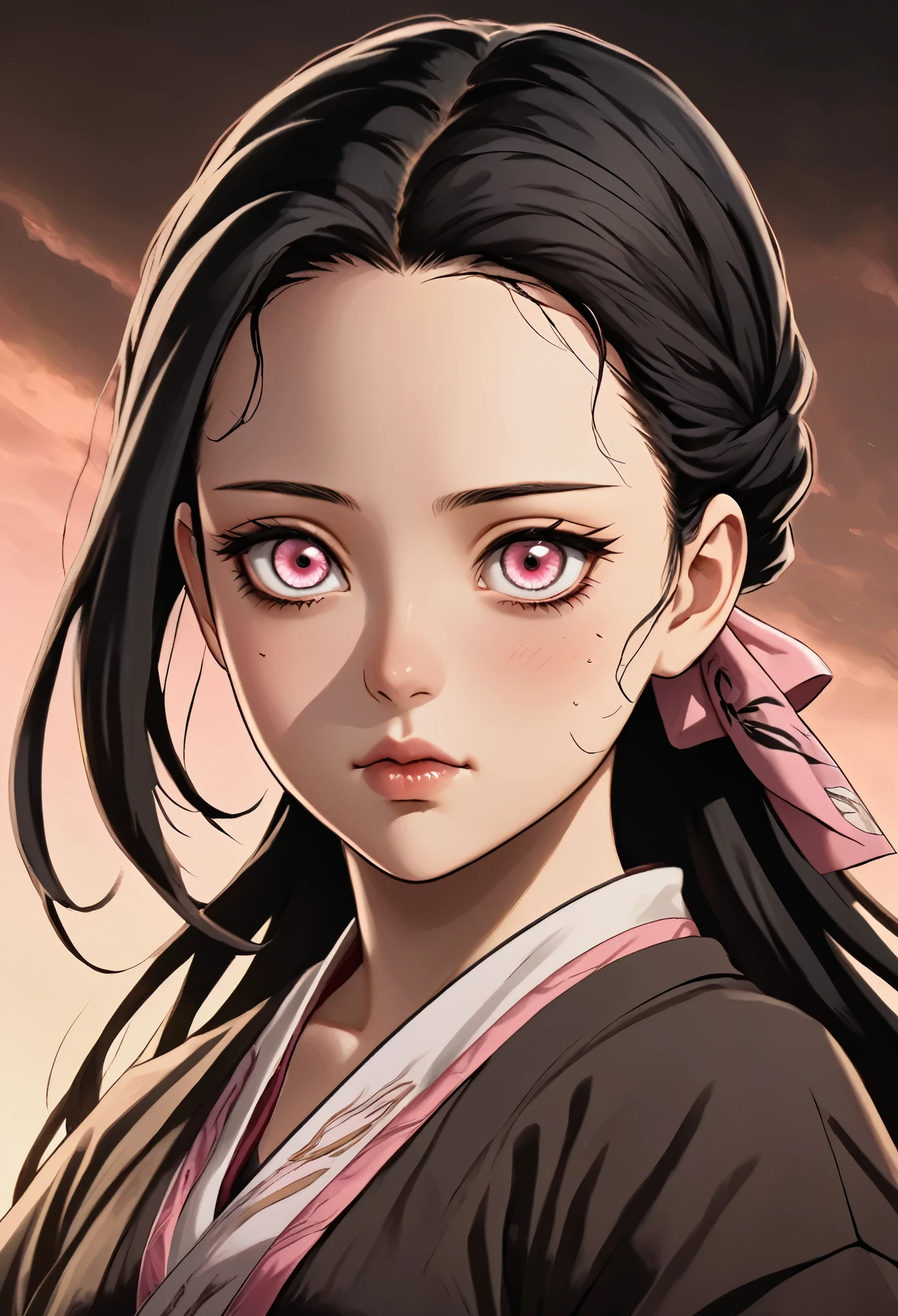 1 girl standing together black hair,, anime style, , 8k, super detail, high details, accurate, masterpiece, UHD, best quality, award winning, 4K looking at viewer emotionless expressionless mindless cowboy shot side view bandana on forehead looking at viewer, Nezuko from demon slayer. a young woman with long dark hair, (pink eyes), beautiful detailed eyes, beautiful detailed lips, extremely detailed face, longeyelashes,