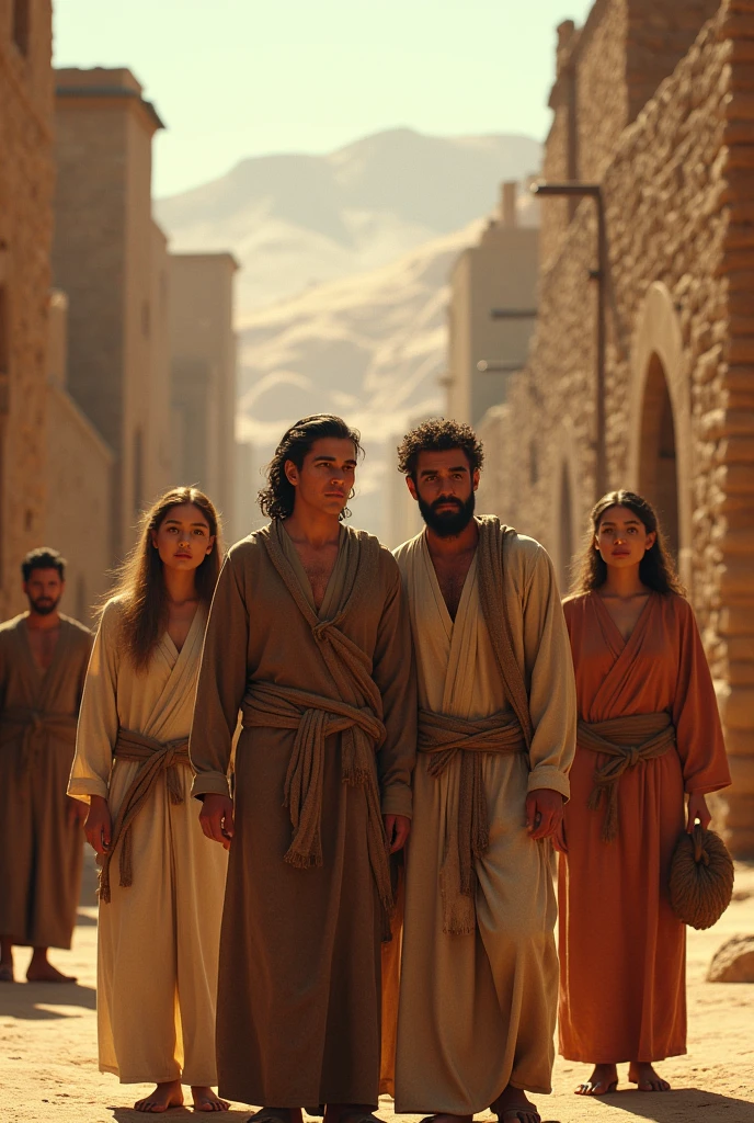 Generate realistic images of two young adult male and female couples and an elderly couple in coarse tunics in the city of Moab that are based on the story of Ruth. All characters must be good-looking.. All in one image 
