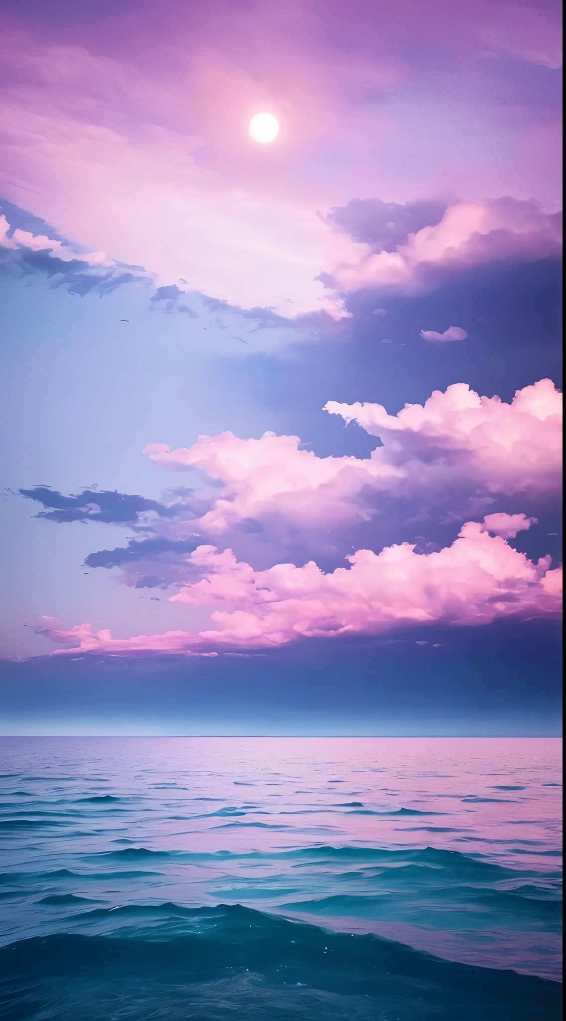 ハートの雲、Pink moon, pink sky, soft pink clouds, pink ocean waves sparkling, sparkling, pink roses on pink ocean, fantasy, diamond, crown, universe, soft lights,Heart Cloud Realistic、Real、high resolution、Panorama、Wide angle、カラフル、