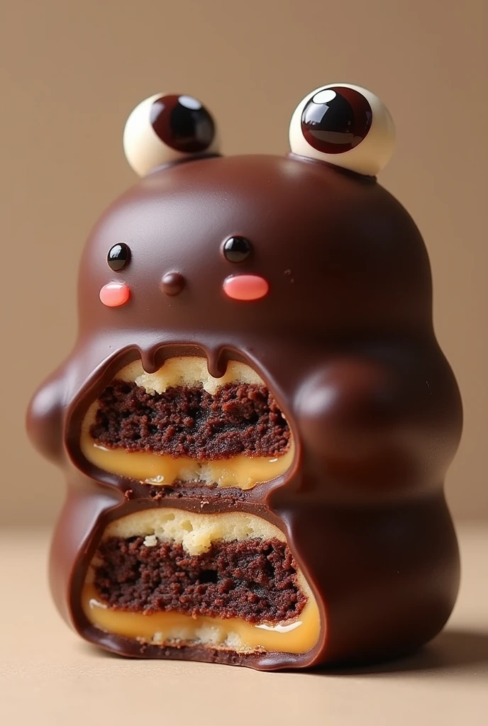 A 1-layer chocolate dream that looks tempting with its thick chocolate coating on the outside, stuffed with dulce de leche,brownie as the innermost layer that looks fluffy, with cute little eyes