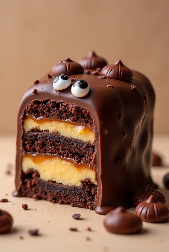 A 1-layer chocolate dream that looks tempting with its thick chocolate coating on the outside, stuffed with dulce de leche,brownie as the innermost layer that looks fluffy, with cute little eyes