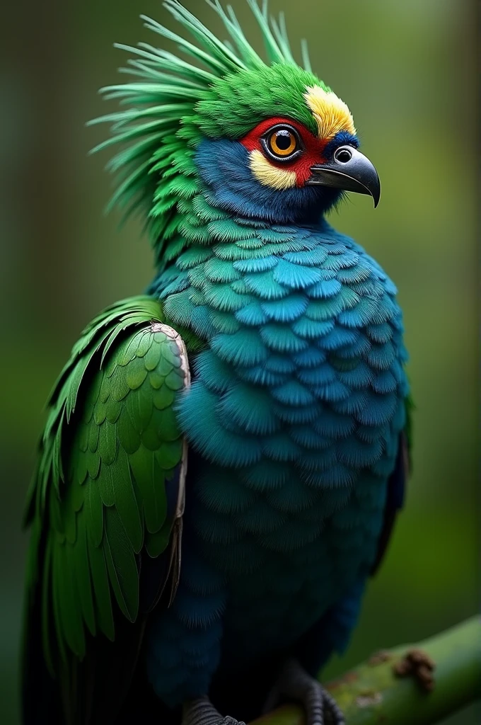 The face of a quetzal with a patch on it 
