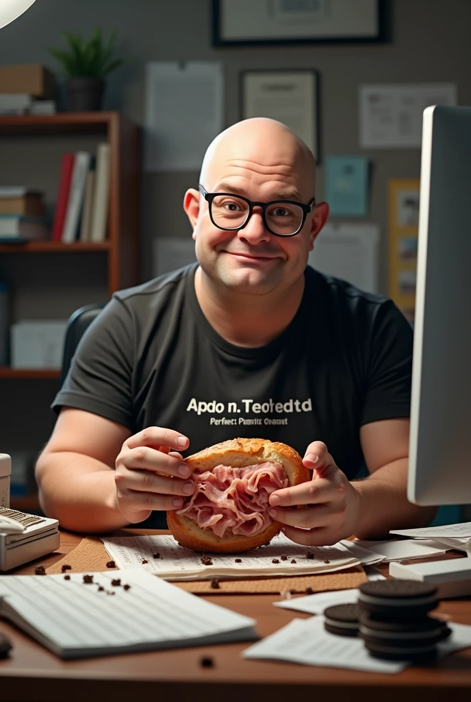 white male, 40 year old, baldie, completely smooth face, no fur, cheeky, Scrawny, but very pot-bellied, wearing glasses and eating baguette with lots of ham. Sitting behind a rather messy desk with a computer, stacks of papers, Oreo crumbs and cookies. Wearing a black shirt with the following phrase: APO1O MPU. Perfect the latest creation. Keep her, but put more cookies on the table and more ham on the baguette