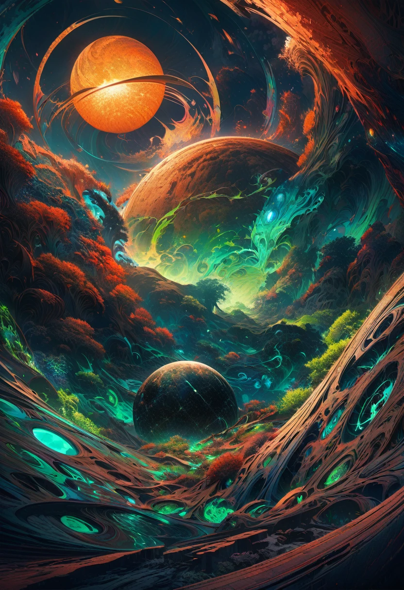 A dark and gloomy planet icon with green energy, like magic all around, intricate textures, digital art, matte painting style, deep saturated colors