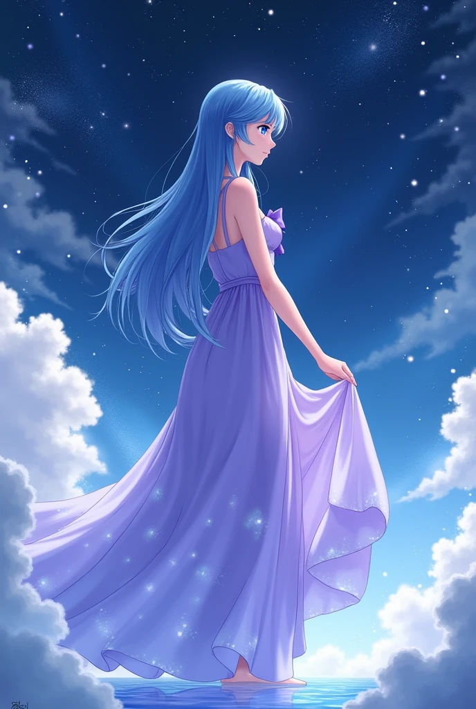 ANIME SAILOR MERCURY LONG BLUE HAIR..LONG DRESS WITH VIOLET COLOR..WITH STARRY NIGHT SKY WITH CLOUDS