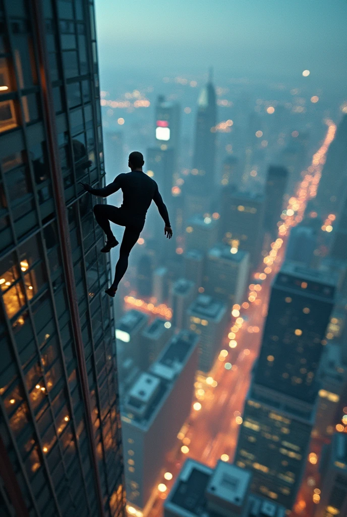 A high-angle shot from the top of a skyscraper, looking down at the city. The camera captures John as a blur racing up the side of the building, his form almost invisible against the illuminated windows. The city lights twinkle below, emphasizing the height and speed at which he is moving.