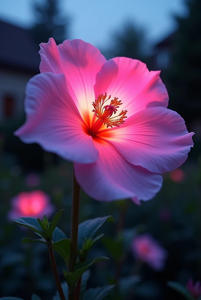 the flower bloomed in the garden in the evening and Pink neon light