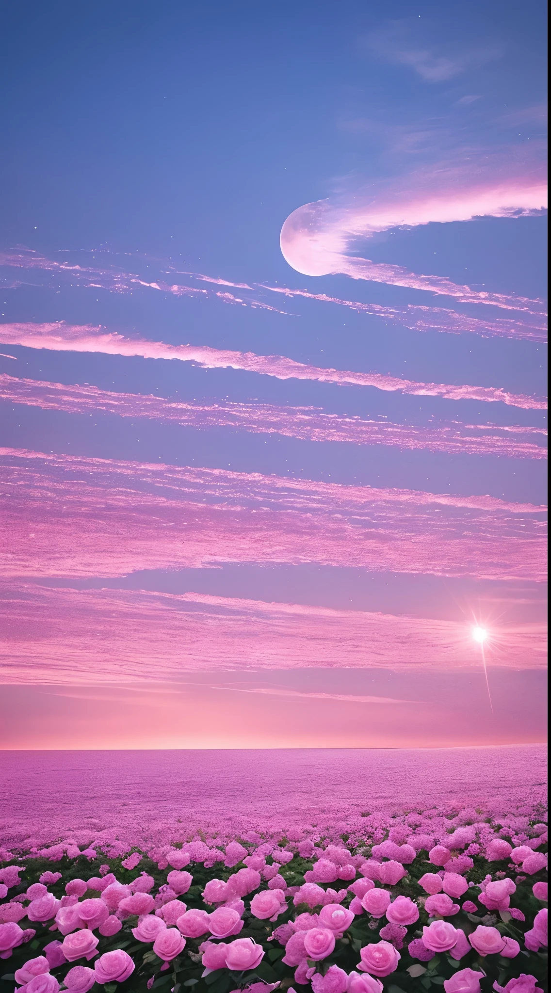 ハートの雲、Pink moon, pink sky, soft pink clouds, pink ocean waves sparkling, sparkling, pink roses on pink ocean, fantasy, diamond, crown, universe, soft lights,Heart Cloud Realistic、Real、high resolution、Panorama、Wide angle