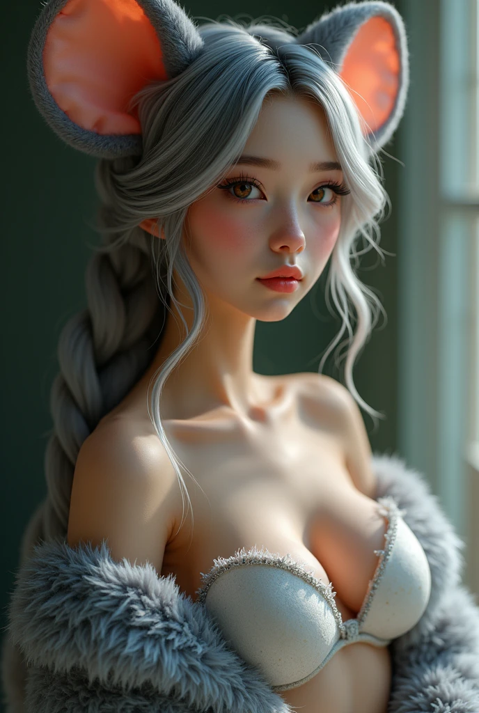 one girl, mice ears, , pure, cute naked, topless, a Woman mice mix, human Body, big tits, furry and skin, hairy nose , whiskers big eyes, Grey fur, Cat eyes, hybride 30 %mice an 70 % human, face mostly woman, Grey Hair , braid, furr in Body Arms and shoulders and neck, human Body, nice ass, 