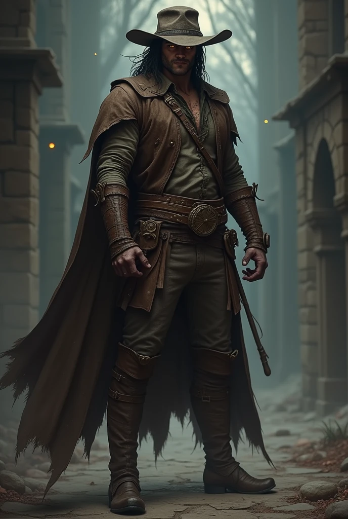 Create a Character with Cowboy Clothes, black hair and golden eyes and with an eye patch on one of the eyes RPG medieval dark fantasy 